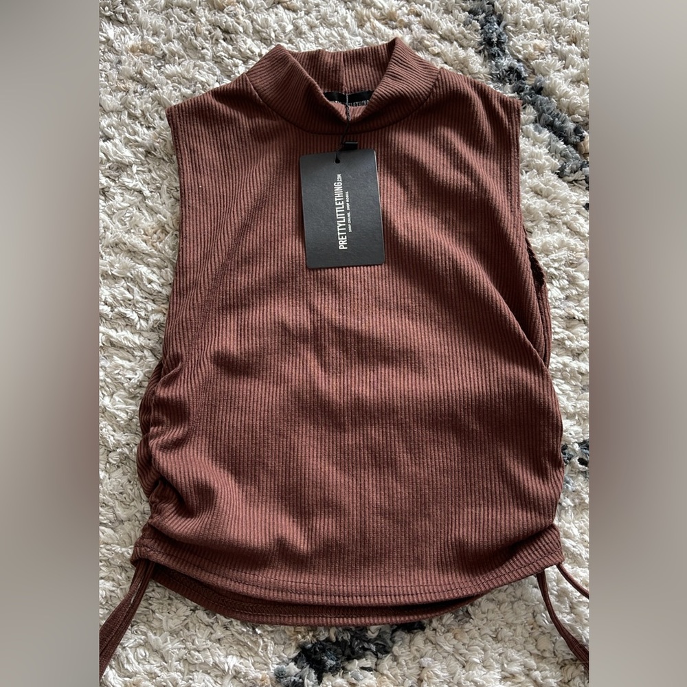 Pretty little thing chocolate rib high neck sleeveless drawstring side crop top